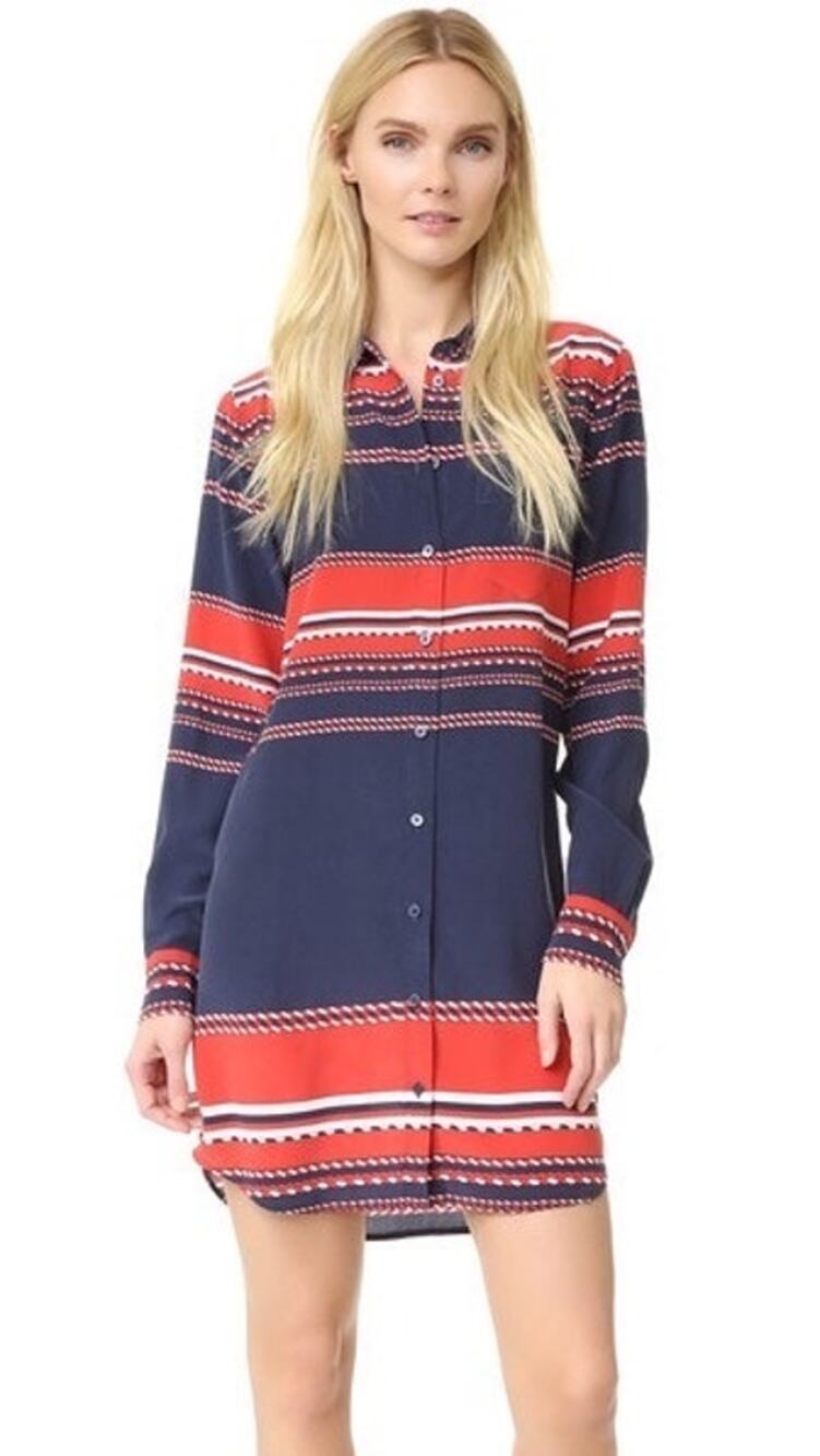 Equipment Femme Nautical Navy Red Striped Silk Long Sleeve Shirt Dress Large